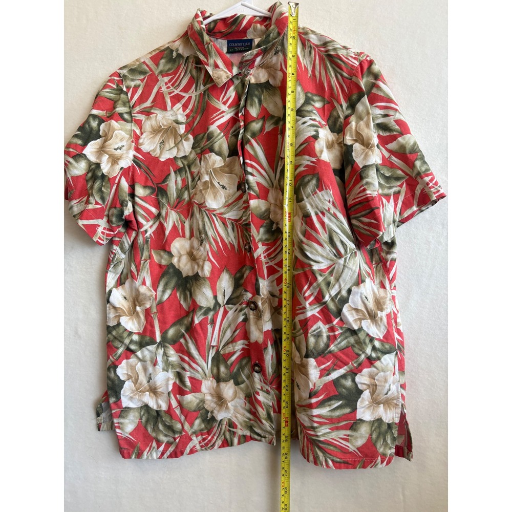 Country Club by Koret Petite Red Tropical Hibiscus Linen Blend Button Up Shirt M - Picture 5 of 5
